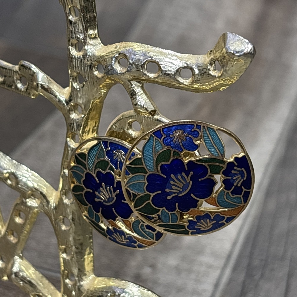 Vintage 1970s Cloisonne Blue Floral Enamel Stud Earrings Round Gold Tone